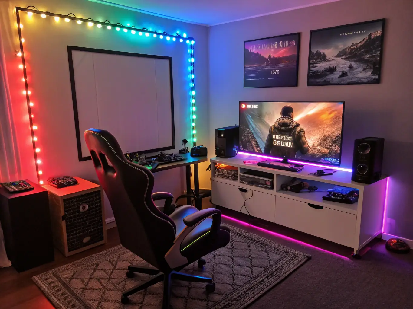 A next-generation gaming console connected to a large screen TV, showcasing a visually stunning game with advanced graphics and immersive gameplay.